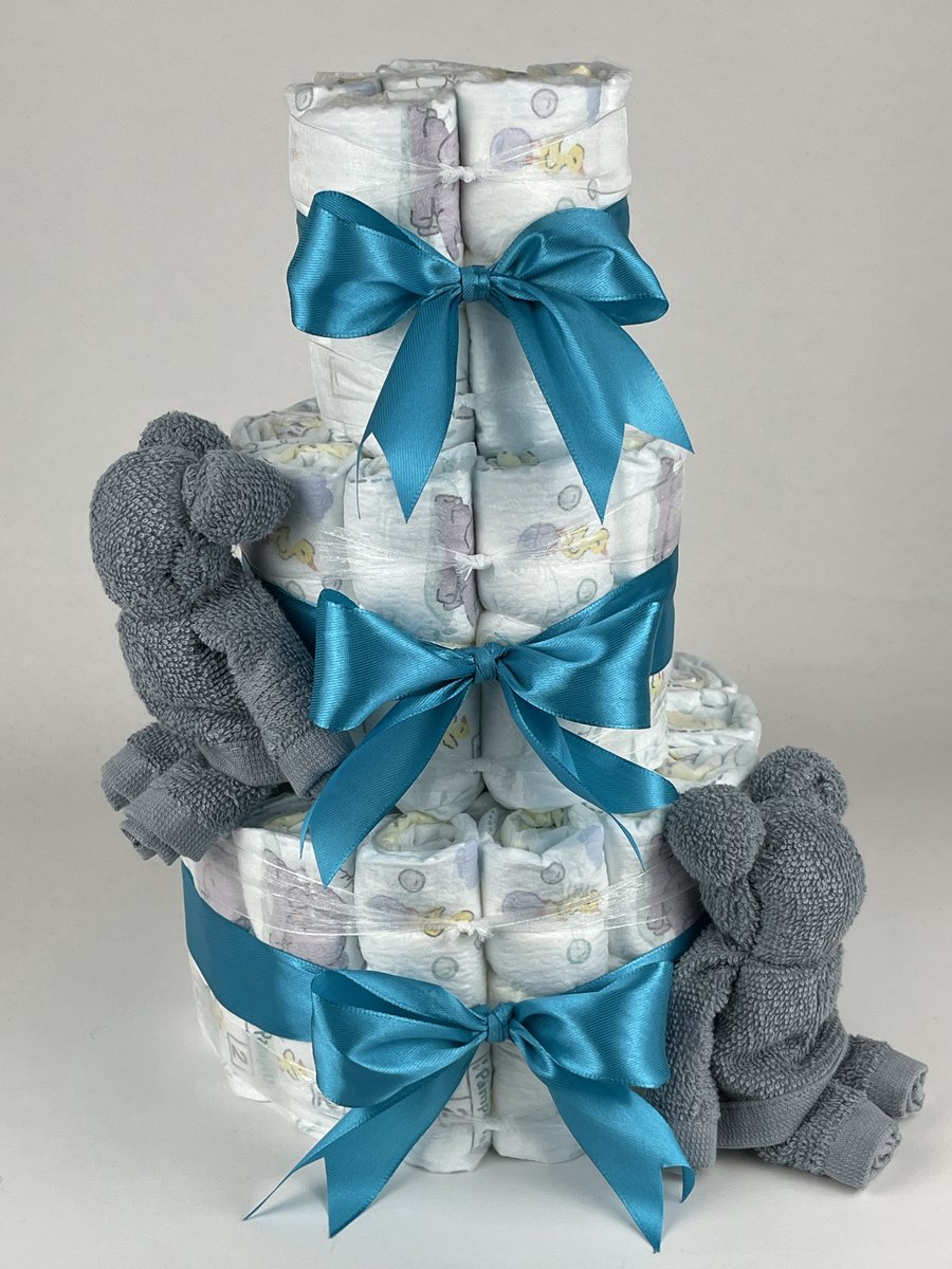Chouette-Chouette | Luiertaart Neutraal | Kraamcadeau | Geboorte Jongen Meisje | Babyshower | Beren Grey-Blue - Petrol