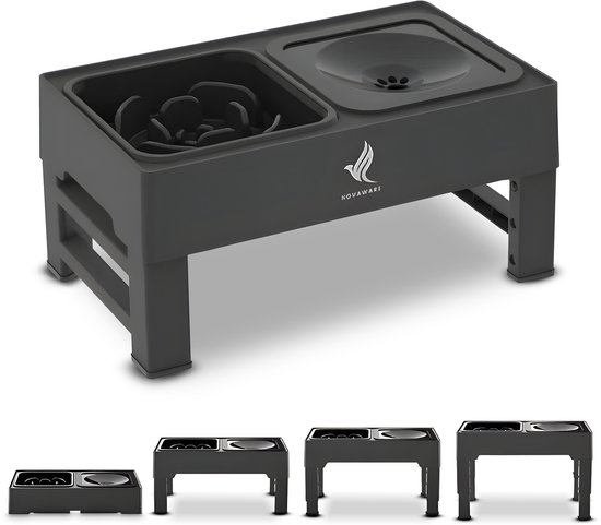 NovaWare Voerbak Kat en Hond – Met Standaard – Verstelbare & Verhoogde Voerbak - Anti-lek Drinkbak - Slow Feeder Hondenvoerbak - Dubbel – Zwart
