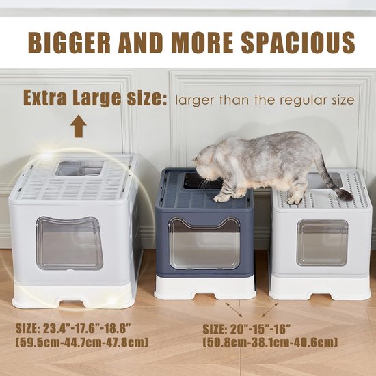 Pawsayes Kattenbak Kattenbak Grote Hoogzijdige Overdekte Kattenbak met Deksel Top Entry Grote Twee Deur Kattenbakken Grijs