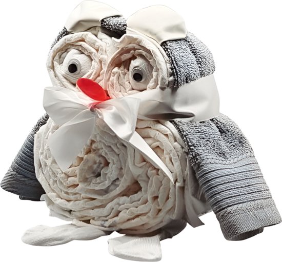 De Zoetebekjes® De Uiltjesknapper – Luiertaart Uil – Kraamcadeau Jongen of Meisje – 14 luiers – Grijs – Pampertaart — afbeelding 4