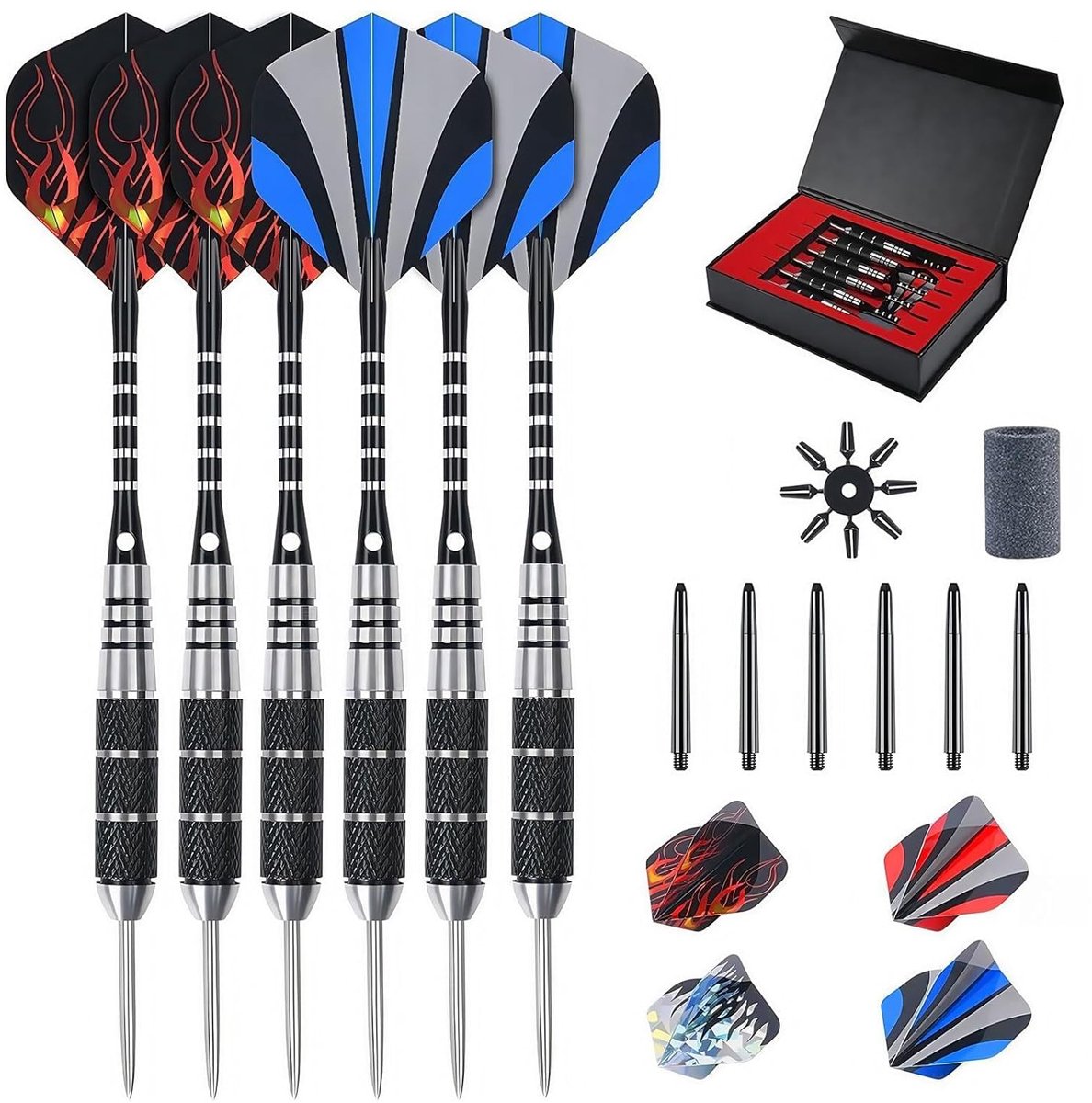Dartpijlen set van 6 - 22 gram - roestvrij staal - met accessoires