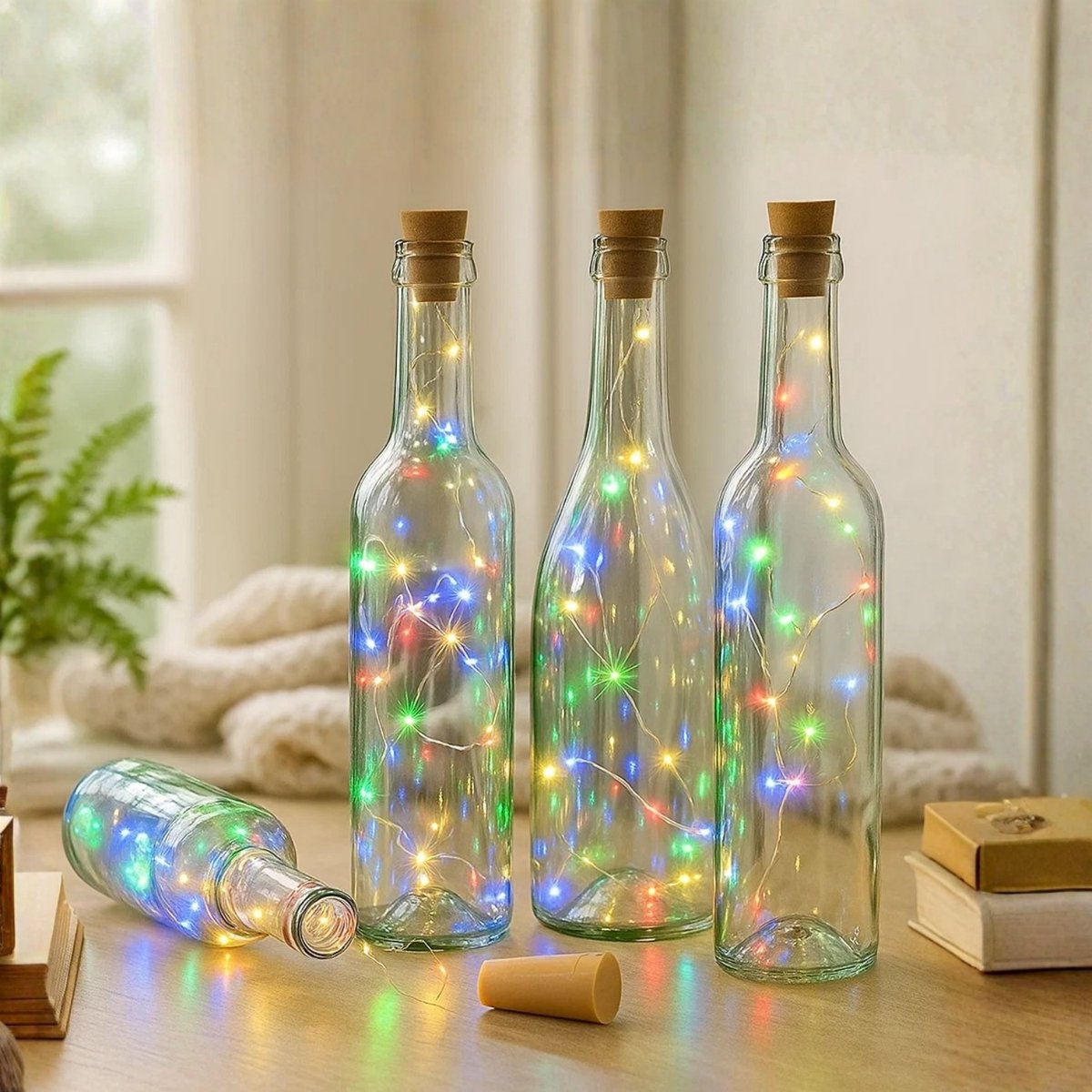 Cheqo® LED Kurk Flessenverlichting - Multicolor LED Lampjes - Lichtsnoer Op Batterijen - Decoratieve Flesverlichting - IP44 - Kurk Met Lichtsnoer - Sfeerverlichting Voor Flessen - Feestverlichting LED - 8 LED Lampjes
