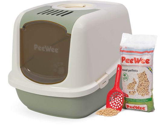 Kit de démarrage Peewee XXL Ecodome pour bac à litière pour chat – coloris pastel tendance vert sauge/crème – comprenant des granulés Peewee et une pelle – 66,5 x 48,5 x 46,5 cm