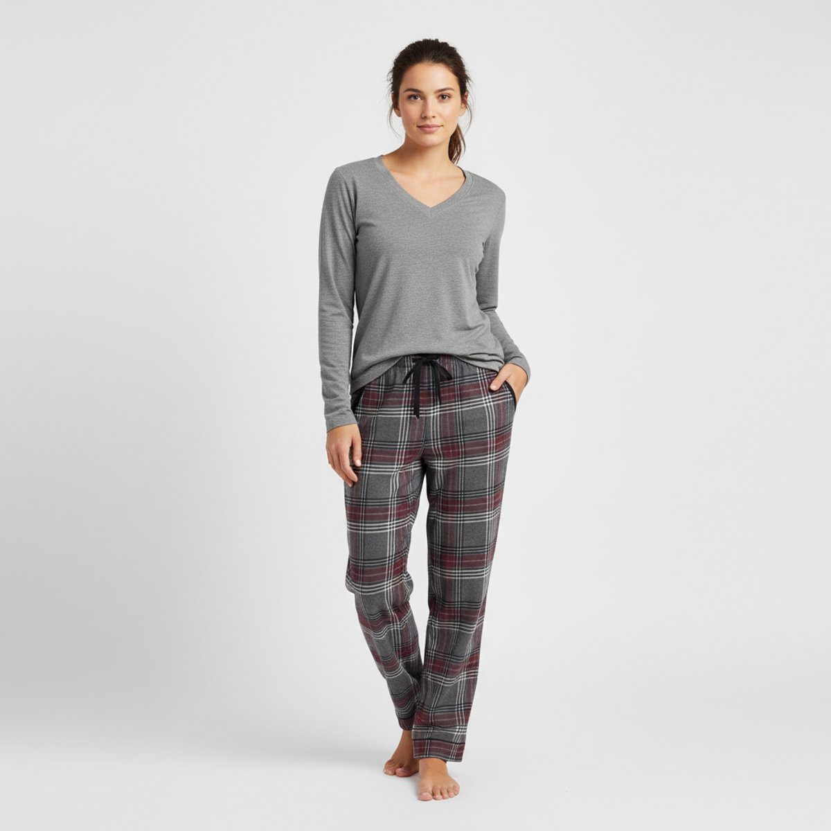 La V La-V pyjamasets voor dames met geruite flanel broek Grijs/ bordeaux rood