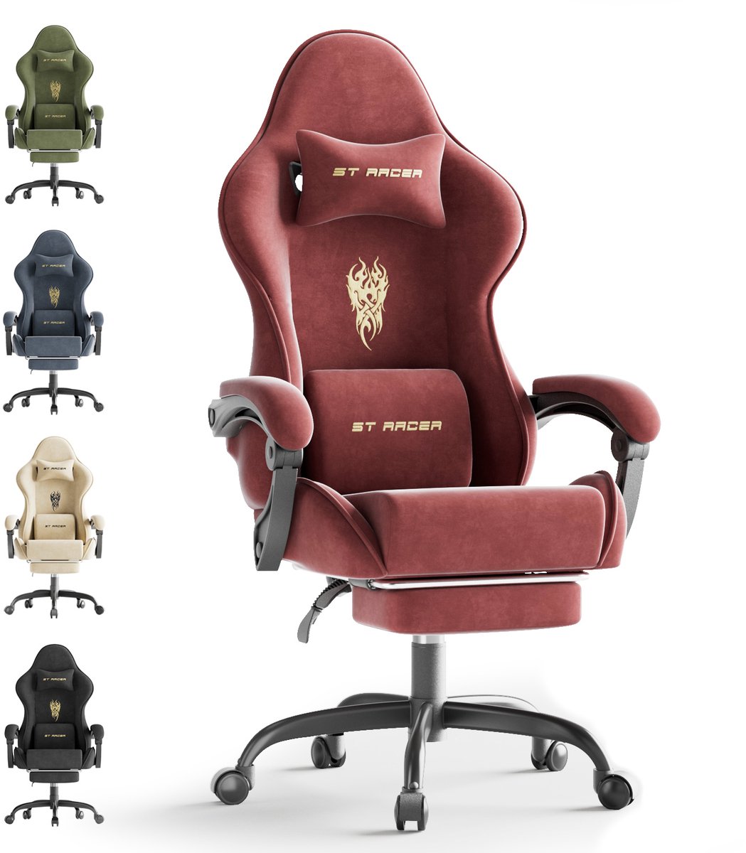 Soontrans Ergonomische Gamingstoel, Gamingstoel, Ademende Bureaustoel Gemaakt van Hoogwaardige Stof, Computerstoel Met Verstelbare Hoofdsteun en Lendenkussen, Armleuningen, Voetsteun, Race-PC-Stoel, Rood
