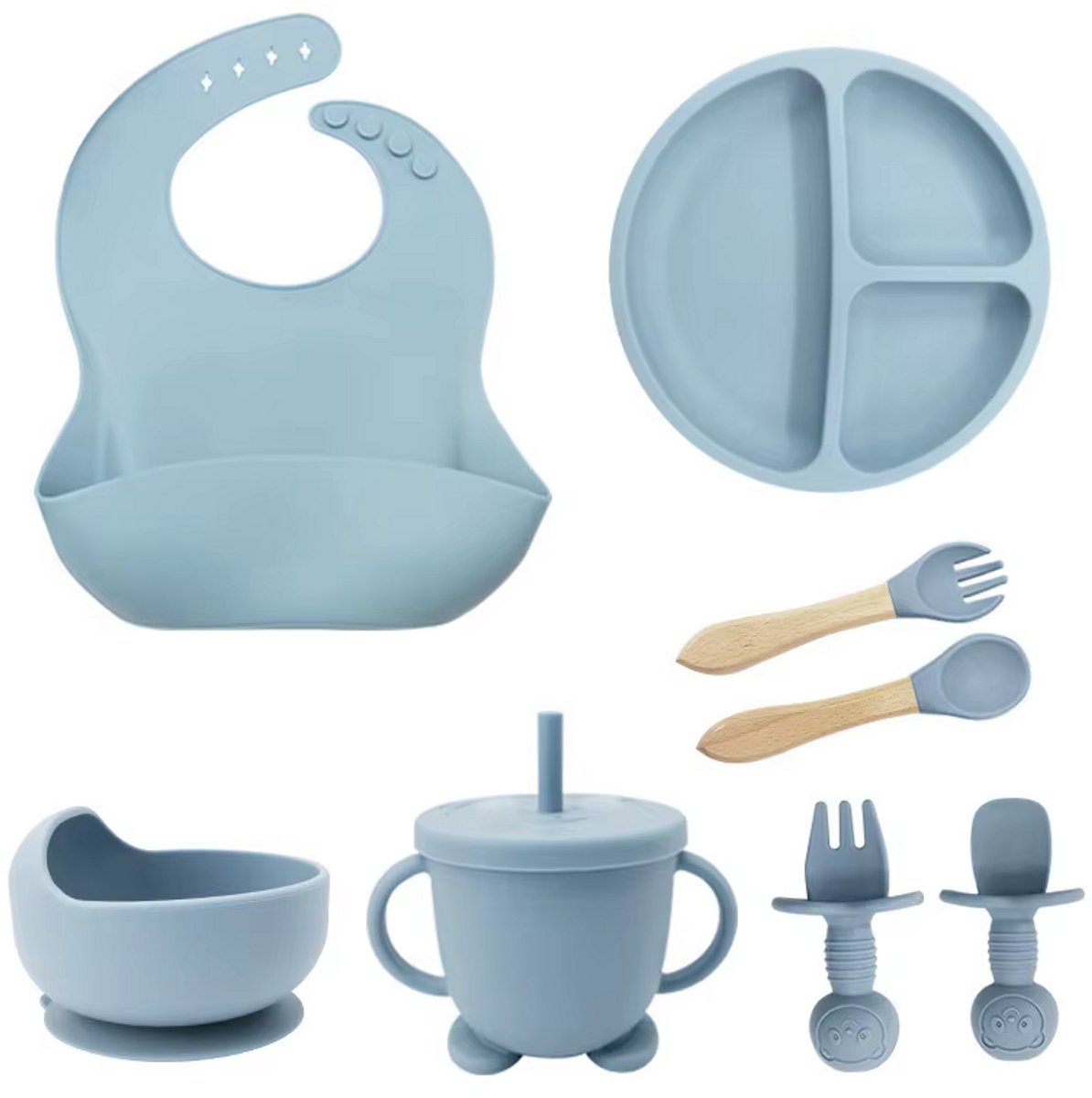 Image of 8-Delig Kinderservies set Siliconen - Baby Servies set Incl. bord met zuignap, drinkbeker met rietje, slabbetje en 2 sets Kinderbestek - Baby Bestek Siliconen - Vaatwasserbestendig - Ovenbestendig - BPA Vrij - Lichtblauw
