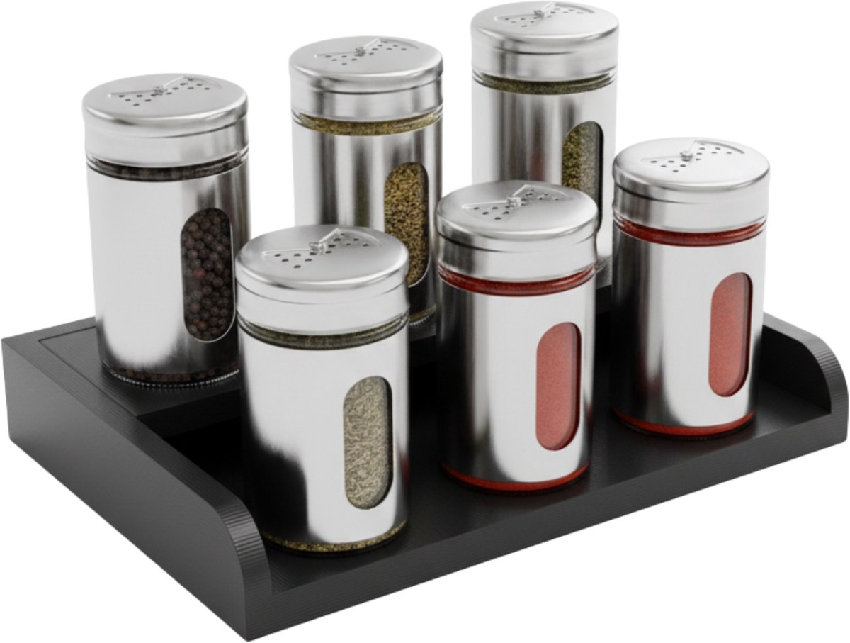 Flaare Kruidenrek met potjes - 6 kruidenpotjes - glas - stand - 10x15 cm