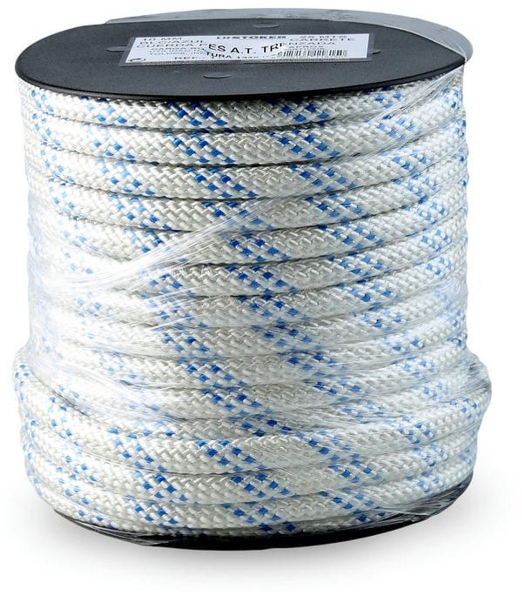 Gevlochten polyester touw – 25 m – 10 mm – Wit/Blauw