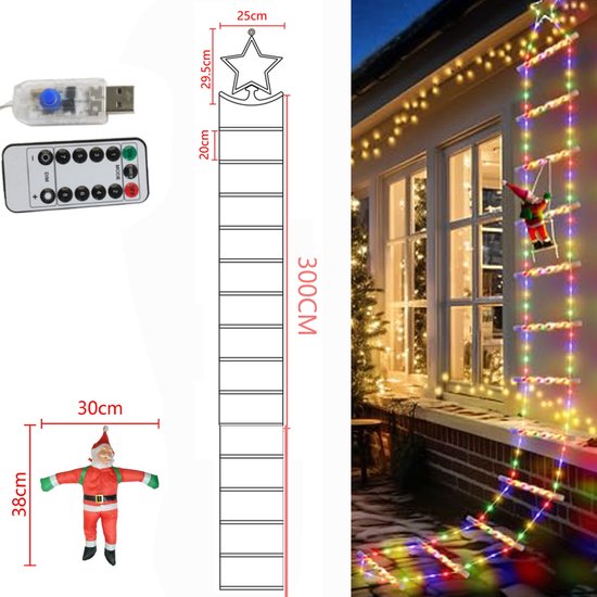 Kerst LED-ladderverlichting met klimmende Kerstman, 3,2 m 295 leds ...