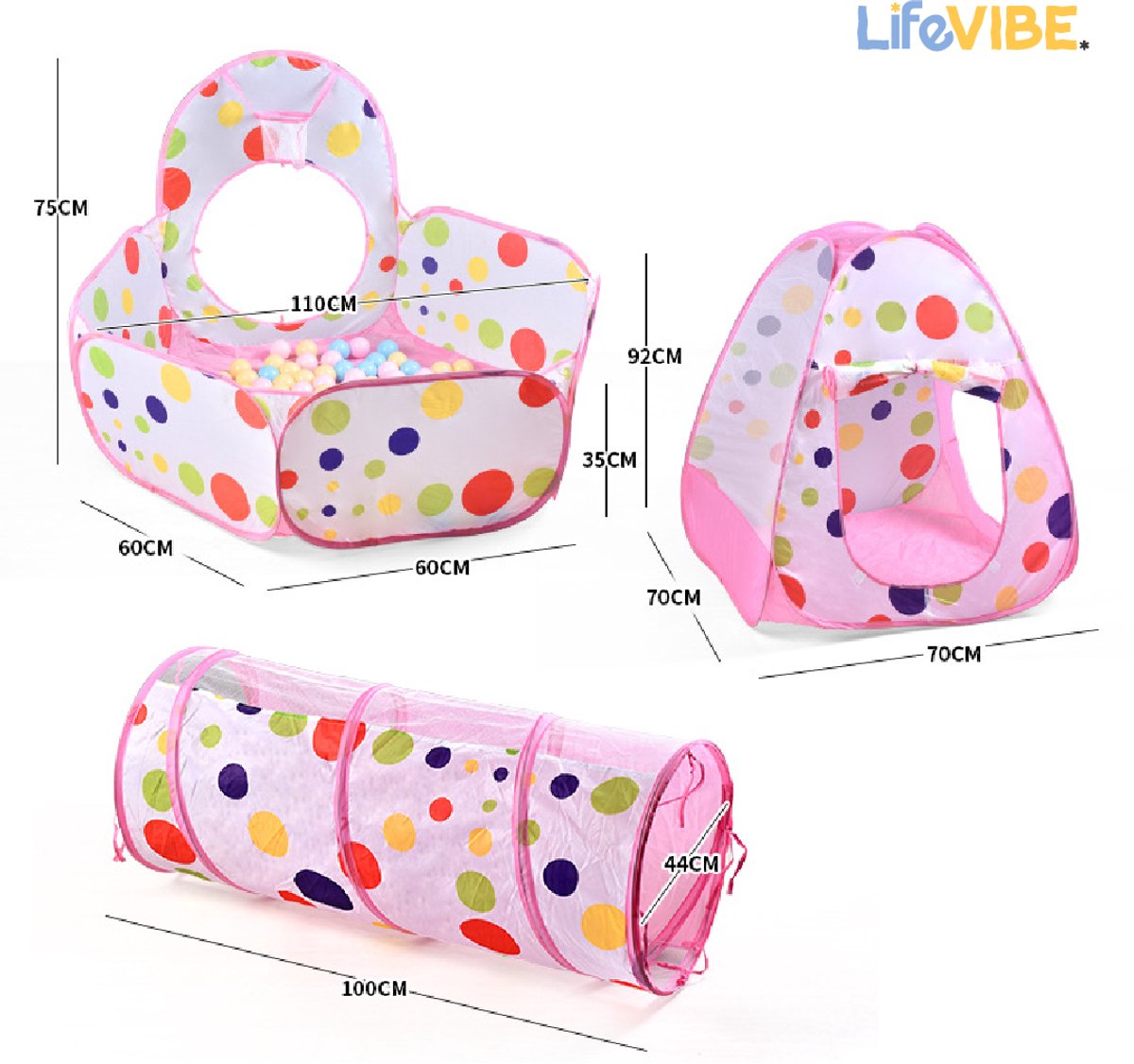 LifeVibe® Speeltent met Tunnel Roze - Kruiptunnel - Kindertent - Binnen en Buiten - Pop Up Tent - Meisjes en Jongens — afbeelding 3