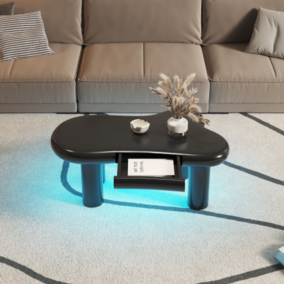 Zwarte wolkvormige salontafel 98×65,5×40 cm – MDF met 16-kleuren LED-verlichting & lade, moderne woonkamertafel met opbergruimte