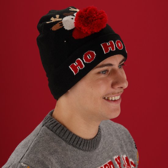 Morethansocks - Bonnet de Noël lumineux - Unisexe - Taille unique - Zwart Ho Ho Ho - Bonnets de Noël - Bonnet de Noël lumineux