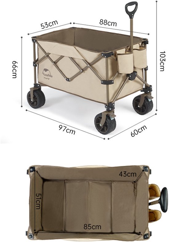 Naturehike all-terrain bolderkar - 186 L / 150 kg laadvermogen - brede terreinwielen met remmen - meest stabiele bolderkar - viervoudig opvouwbare campingkar van Naturehike — afbeelding 3