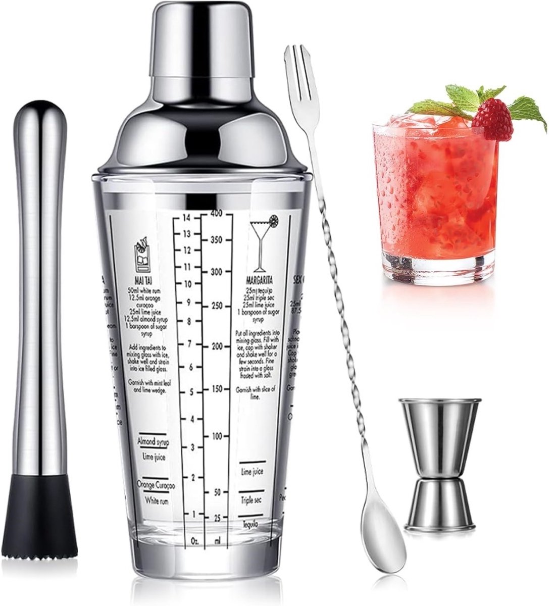 longziming -Glazen Cocktailshaker met Maatverdeling – 400 ml Shaker met Lekvrij Roestvrijstalen Deksel en Maatbeker – Ideaal voor Cocktails, Mixdranken en Thuisbar – Perfect voor Beginnende Bartenders