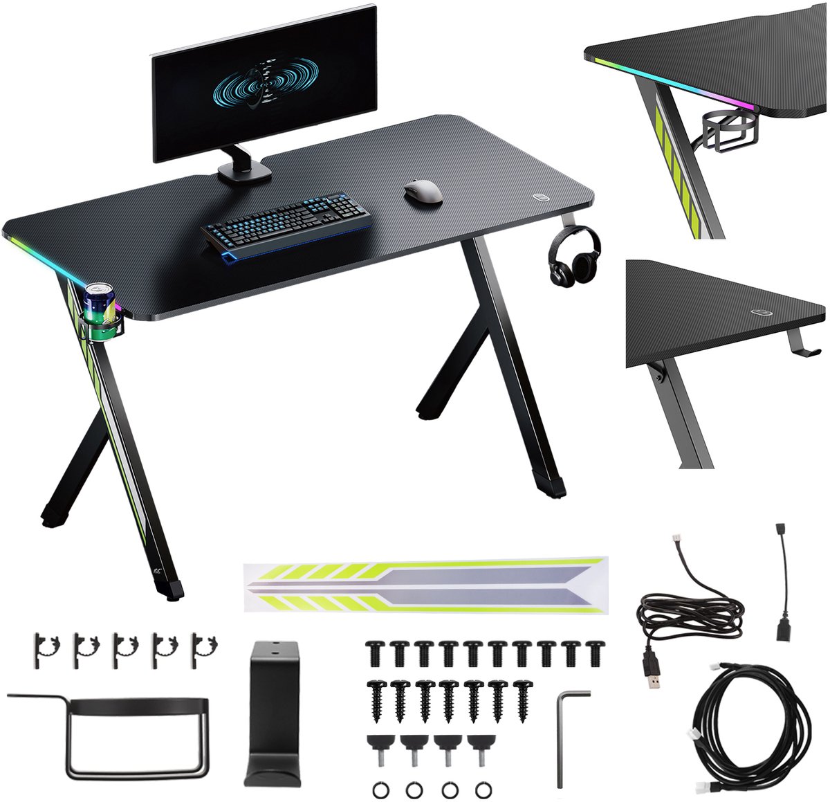 NanoRS - Gaming bureau met koptelefoon- en bekerhouder - RGB-achtergrondverlichting, max. 75kg, afmetingen 1200x600x750mm, RS102 - Zwart