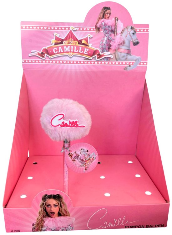 Boîte d'exposition rose pour stylos avec image de Camille et un cheval.