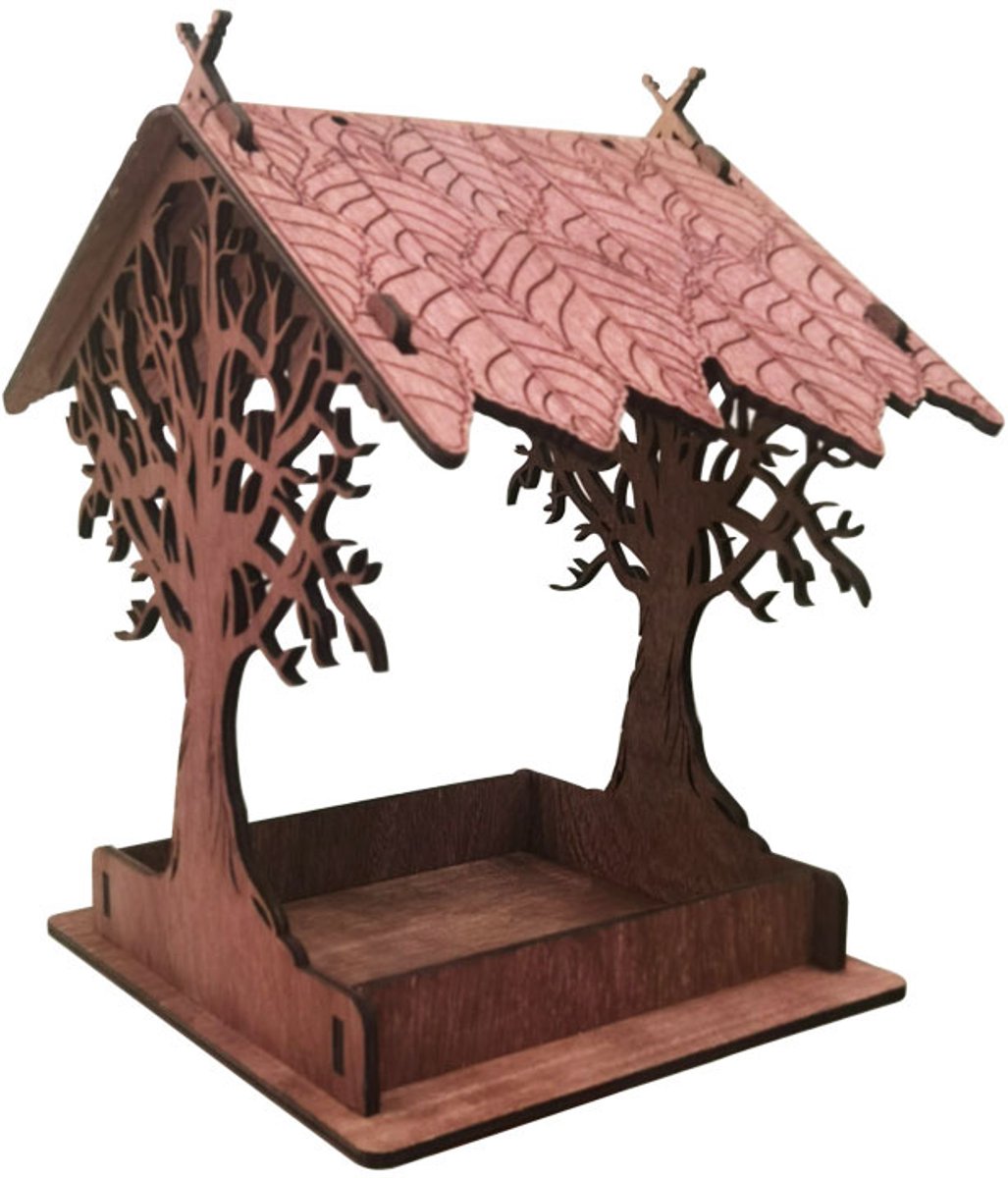 Houten voederbak, hangende drinkbak, geschikt voor tuin, erf en decoratie (roodbruin)