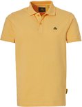 Effent oranje piqué poloshirt voor heren met NOMAD logo op de borst en gele label aan de zijkant.