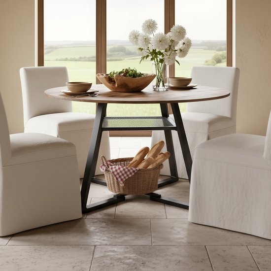 Table à manger industrielle ronde - 120 cm - avec étagère de rangement