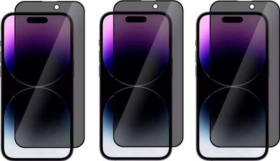 Drie privacy screenprotectors voor een smartphone, getoond op een zwarte achtergrond.