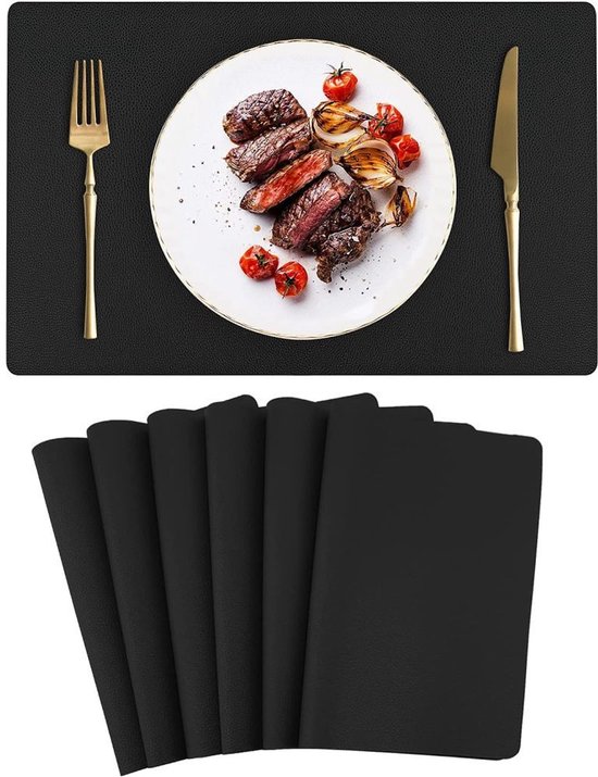 smøla 8-delige tafelset, rond, van PU-leer, incl. onderzetters, afwasbaar, placematset in lederlook, tafelonderlegger voor borden en glazen, tafeldecoratie, blauw/zilver