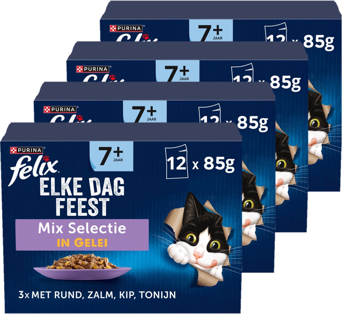 Felix Felix Elke Dag Feest 7+ Senior Mix Selectie - Kattenvoer Natvoer - Zalm Tonijn Kip & Rund - 48 x 85 g