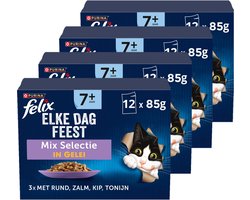 Felix Elke Dag Feest 7+ Senior Mix Selectie - Kattenvoer Natvoer - Zalm Tonijn Kip & Rund - 48 x 85 g