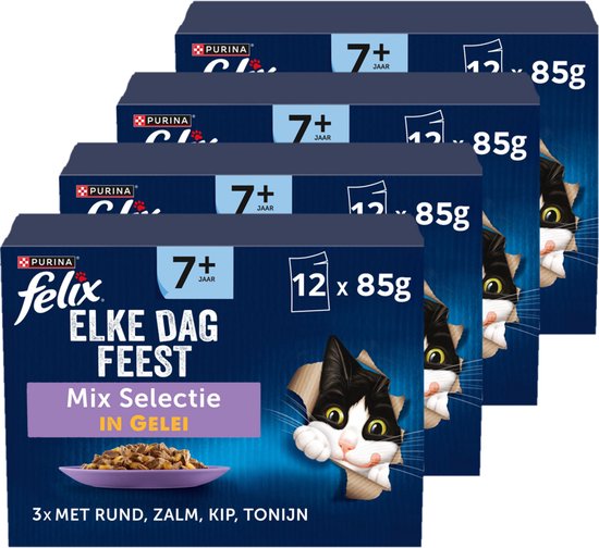 Felix Elke Dag Feest 7+ Senior Mix Selectie - Kattenvoer Natvoer - Zalm Tonijn Kip & Rund - 48 x 85 g