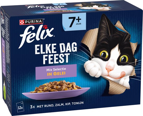 Felix Elke Dag Feest 7+ Senior Mix Selectie - Kattenvoer Natvoer - Zalm Tonijn Kip & Rund - 48 x 85 g