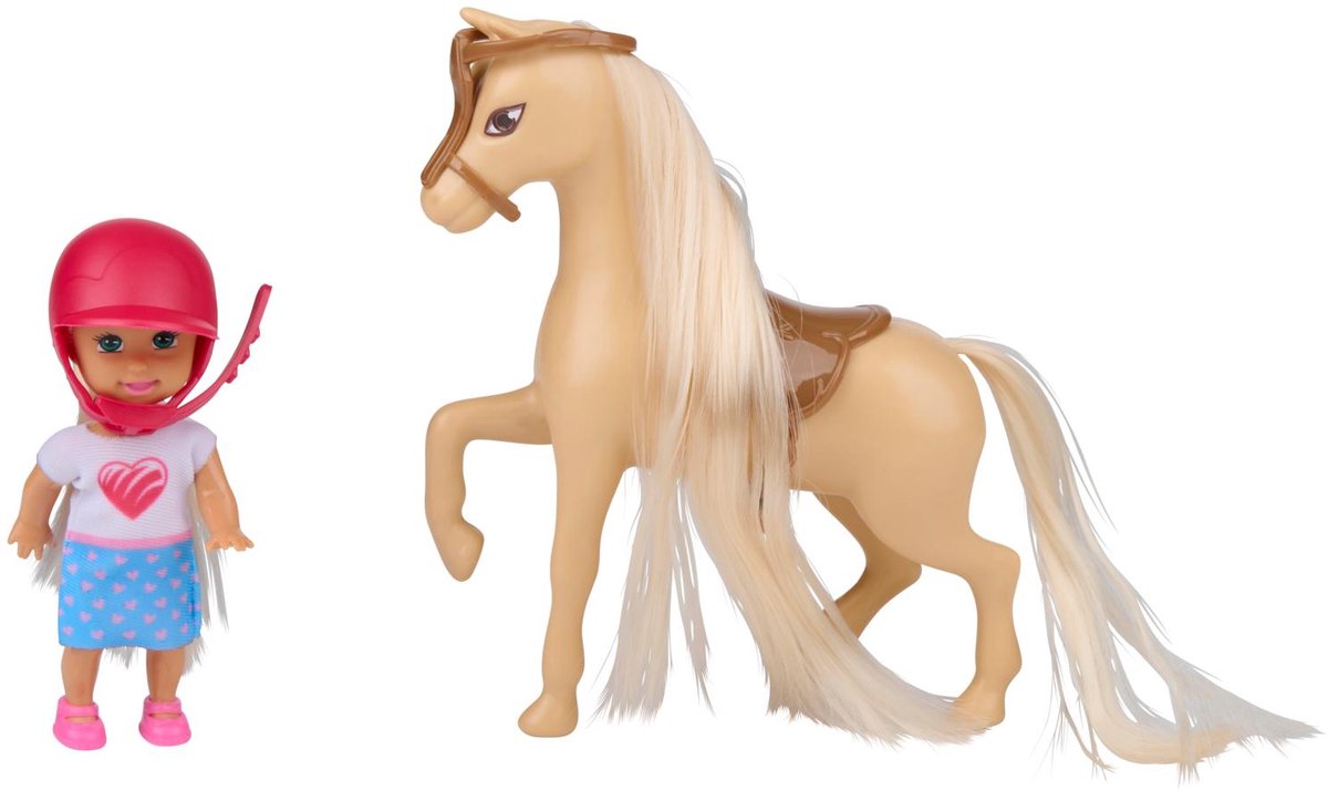 Eddy Toys Fashionpop Mini 9cm Met Paard - Modepop Speelset met Helm en Zadel - Paard met Lange Manen - Speelset voor Kinderen - Doos met Venster