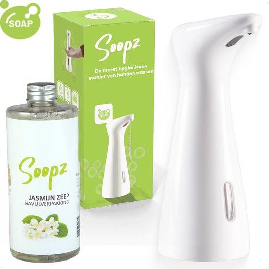 Een witte automatische zeepdispenser, de verpakking en een fles navulzeep met jasmijnbloesems.