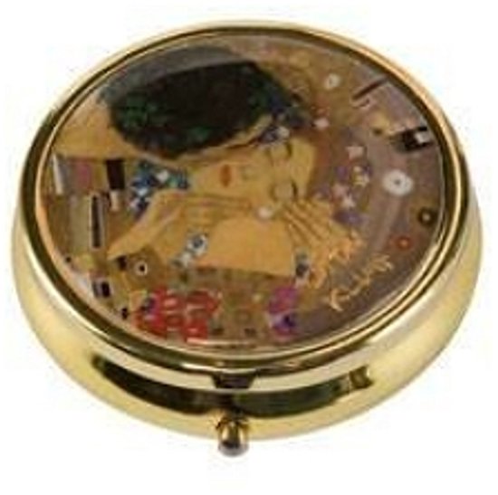 Boîte à pilules dorée avec "Le Baiser" de Klimt, 5cm, avec 3 compartiments.