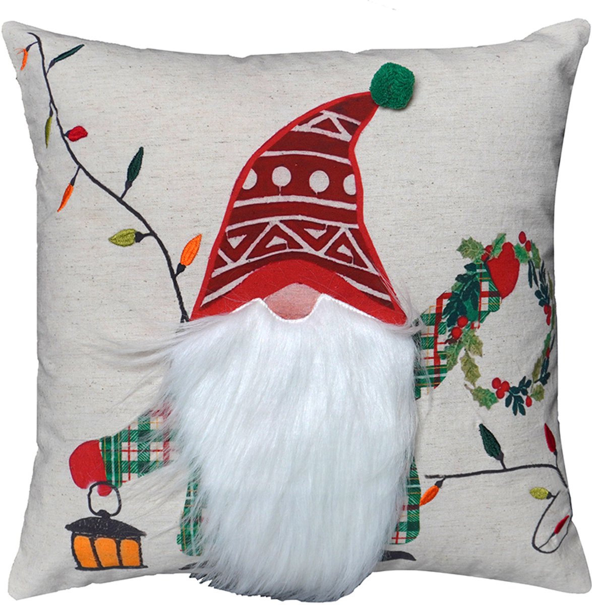 Kerstkussen - Geborduurd met Kerstkabouter, Krans en Lantaarn Kerst Kussenhoes - Kussenhoesjes Vierkant voor Kerst - Kerstkussens met Patchwork & Borduurwerk - 45x45 cm - Katoen/Linnen - Rood/Wit - Zonder Binnenkussen
