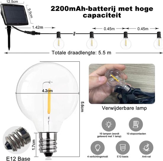 Solar Fairy Lights 10 m with 16 1 LED Light Bulbs G40 Weatherproof Solar Lights for Garden, Balcony, Remote Control, 3 Lighting Modes, Timer Function, IP65 Waterproof, for