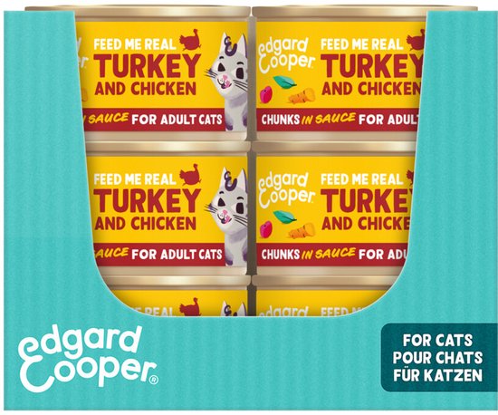 Edgard & Cooper Kattenvoer Graanvrij Natvoer voor Katten Gesteriliseerde of Actieve Kat Natuurlijke Stukjes in Saus 85g x 18 Verse Kalkoen & Kip, Smakelijk en Uitgebalanceerd, Vers Vlees