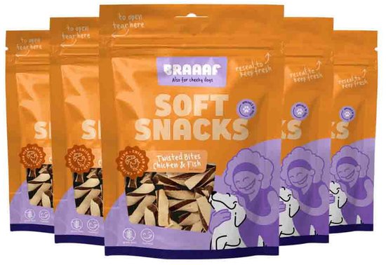 Braaaf Twisted Bites Hondensnack Kip - Vis - 5 x 85 gr - Voordeelverpakking