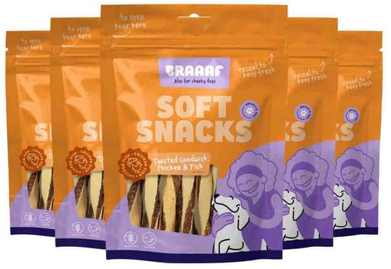 Braaaf Twisted Sandwich Hondensnack Kip - Vis - 5 x 85 gr - Voordeelverpakking