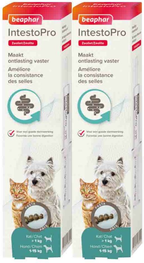 Twee verpakkingen Beaphar IntestoPro pasta met afbeeldingen van een kat en een hond, en tekst 'Maakt ontlasting vaster'.