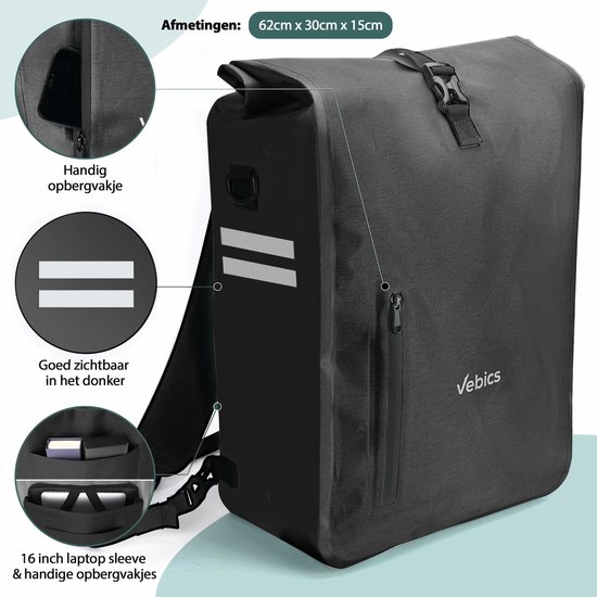 Zwarte Vebics fietstas rugzak met rolltop, afmetingen 62x30x15cm, laptop sleeve en handige vakjes.