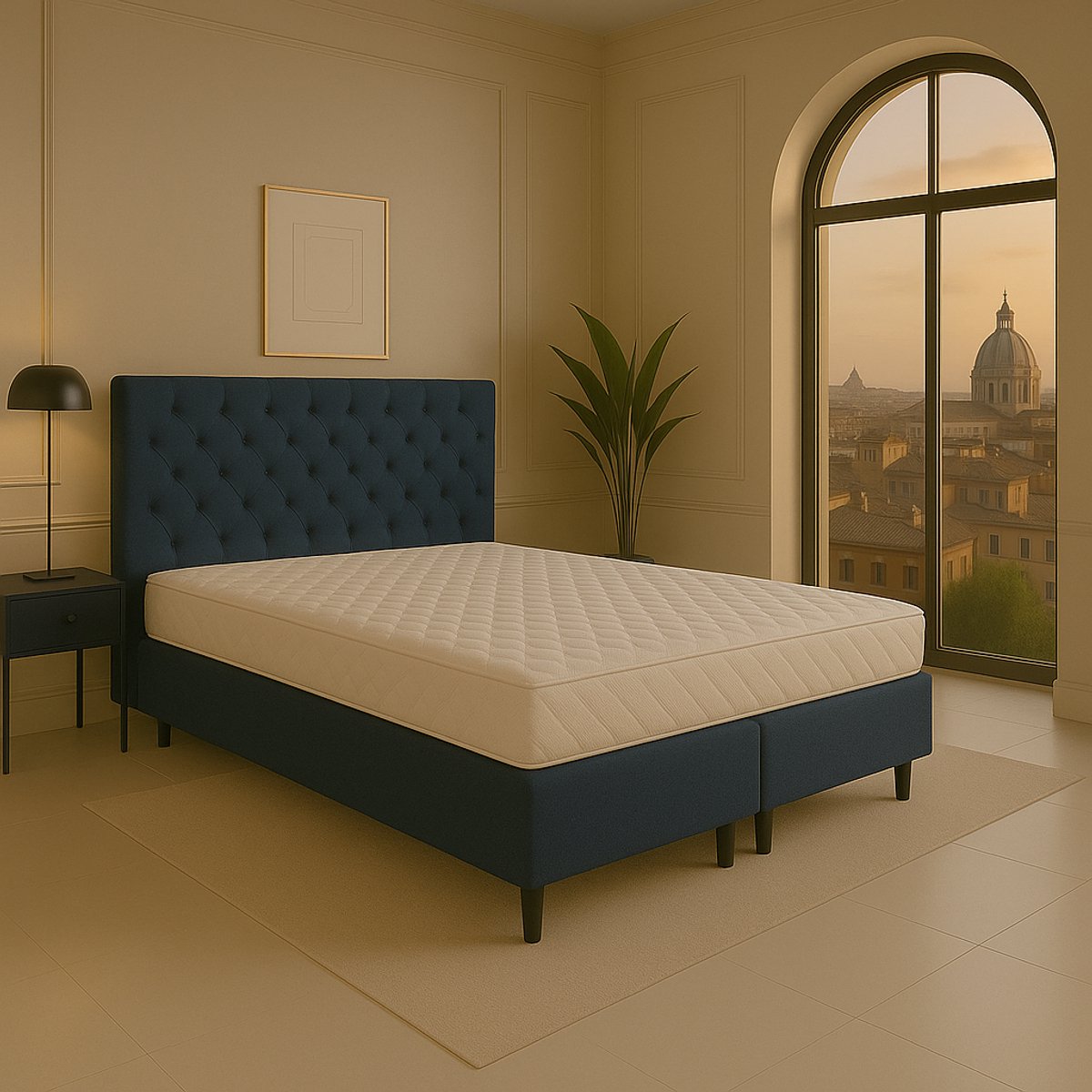 Boxspring vlak Roma 120x200 cm Luxe Pocketvering Stof donkerblauw Gratis 2x Hoofdkussens