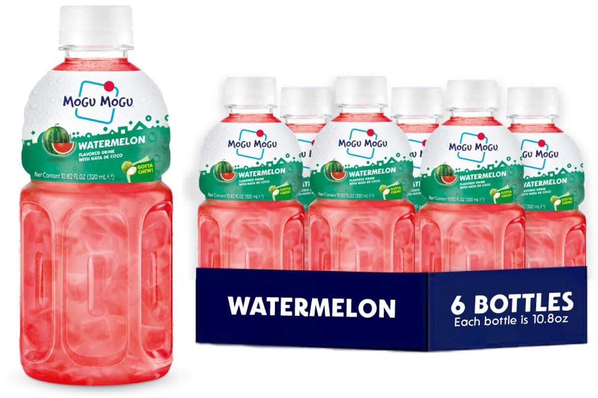 Mogu Mogu Watermeloen 6 x 320 ml – Frisdrank met nata de coco | Tropische limonade met kokosstukjes | Verfrissend genotsdrankje om te drinken & kauwen met Kajal Sticker