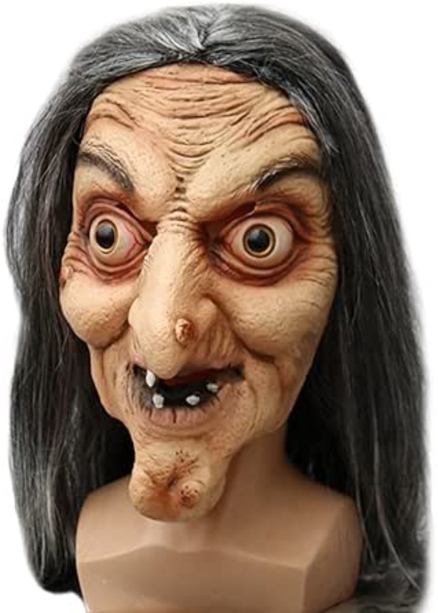 Halloween griezelig heksenmasker, griezelige oude vrouw heksenmasker met lang haar, horror, realistisch heksenmasker voor Halloween, carnaval, party, kostuum, cosplay kostuum, decoraties