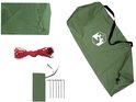 Sac de rangement vert avec un logo, un cordon rouge et des piquets.