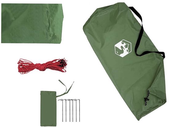 Sac de rangement vert avec un logo, un cordon rouge et des piquets.