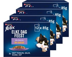 Felix Elke Dag Feest in Gelei Mix Selectie - Kattenvoer Natvoer - Tonijn Zalm Rund & Kip - 48 x 85 g