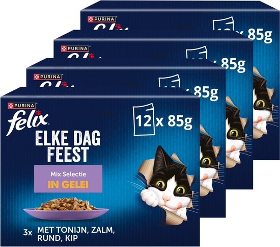 Felix Elke Dag Feest in Gelei Mix Selectie. Meerdere verpakkingen van 12 porties van 85g elk.