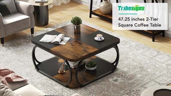 Tribesigns Table basse - Table basse Carrée - Table d'appoint de salon - 100 x100 x 50 cm - Vintage Marron / Zwart - Table basse