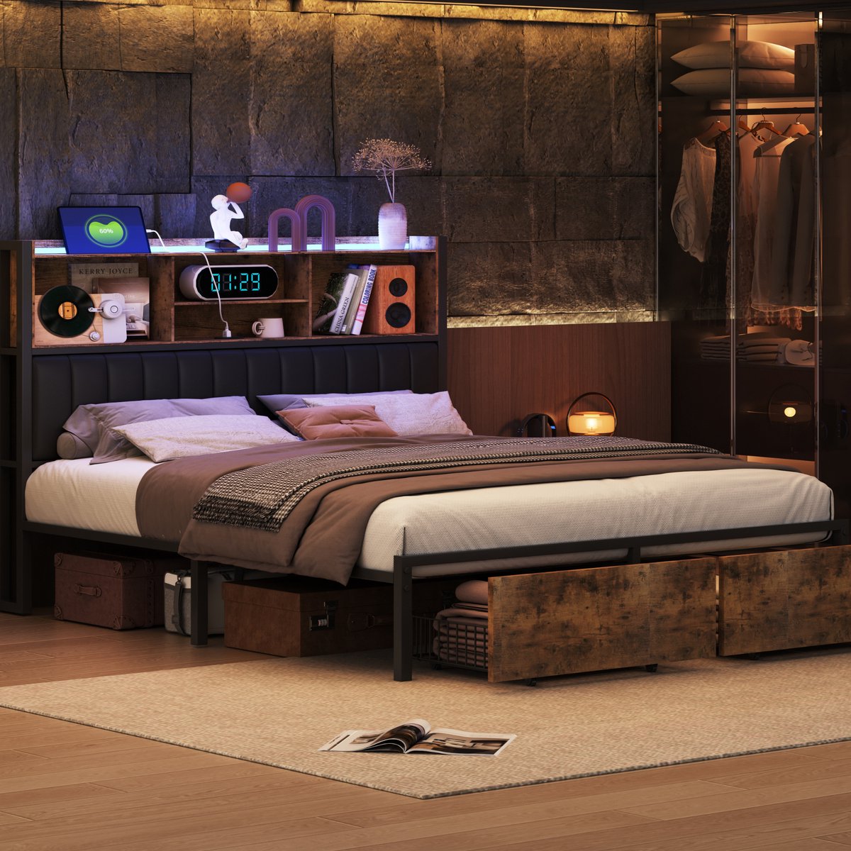 Tweepersoonsbed 140x200 cm – LED, USB-oplaadpunt & Dubbele Lade