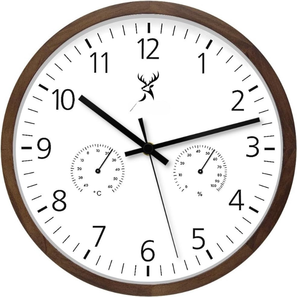 Wandklok Met Temperatuurweergave En Hygrometer - Houten Klok Van Massief Beukenhout - Geluidsloos Zonder Tikken - Bruin En Wit - Natuurlijk Design