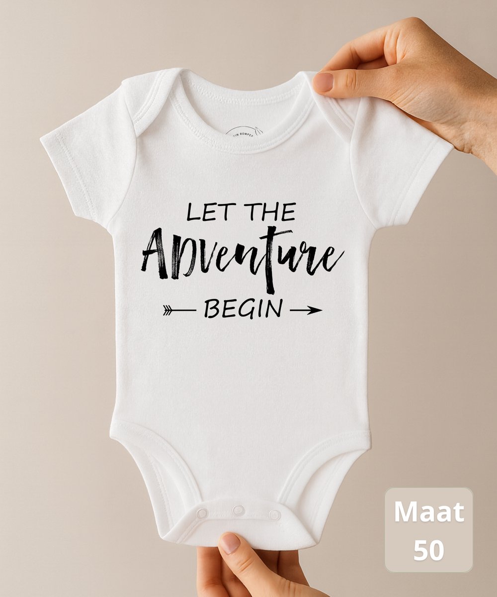 Ohana Advent® Let the Adventure Begin – Baby Romper met tekst – Newborn Maat 50 – 0-1 Maand – Zwangerschapsaankondiging & Kraamcadeau – 100% Katoen – 260gsm Premium katoen